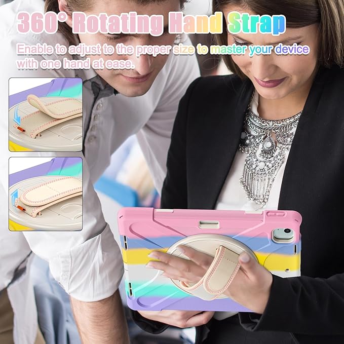 for iPad Air 13-inch M2 (2024) A2898/A2899 for iPad Pro 12.9 Rugged Case Portable Heavy Duty Shock-Proof Armor Cover with Swivel Kickstand/Hand Grip Shoulder Strap Pencil Holder (Macaron)