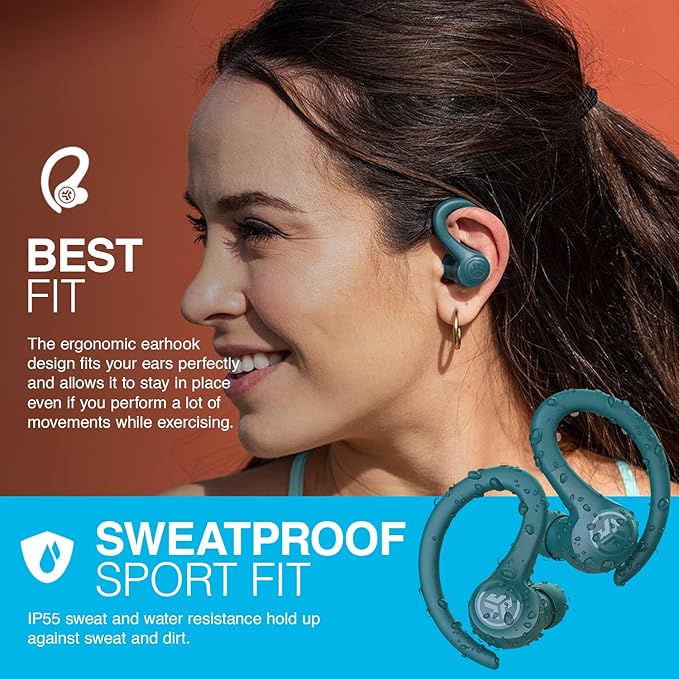 JLab Go Air Sport Wireless Workout Earbuds Teal Featuring C3 Clear Calling Secure Earhook Sport Design 32+ Hour Bluetooth Playtime and 3 EQ Sound Settings