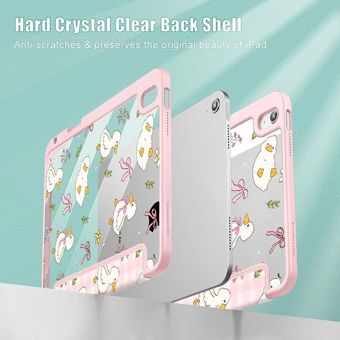 Case for iPad Air 11'' (M4 2026/M3 2025/M2 2024)/ iPad Air 10.9'' Air 5th /4th Gen Shockproof Cover with Clear Back Shell &amp Penceil Holder Auto Wake/Sleep Stand Cover Duck &amp Bow