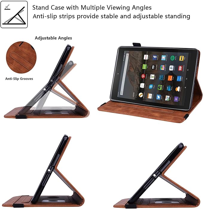 Fire HD 10 Case 9th/7th Generation (2019/2017) 10.1 with Pencil Holder Elastic Band Pocket Multi-Angle Stand Magnetic Folio Wallet PU Leather TPU Shockproof Cover Brown Paisley Flower