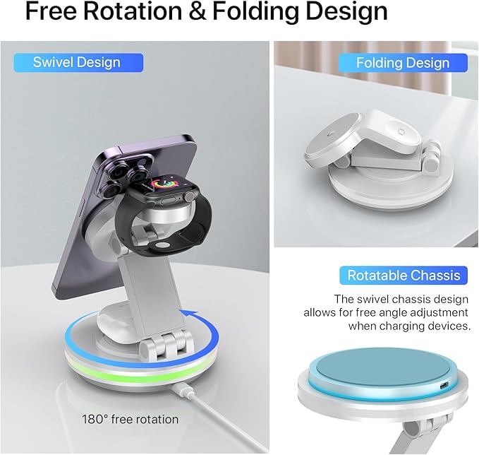 Foldable 3 in 1 Charging Station for iPhone Wireless Charger Stand with Magnetic Charging Station for iPhone 16 15 14 13 12 11 X Pro Max Watch AirPods Pro 3 2（W）
