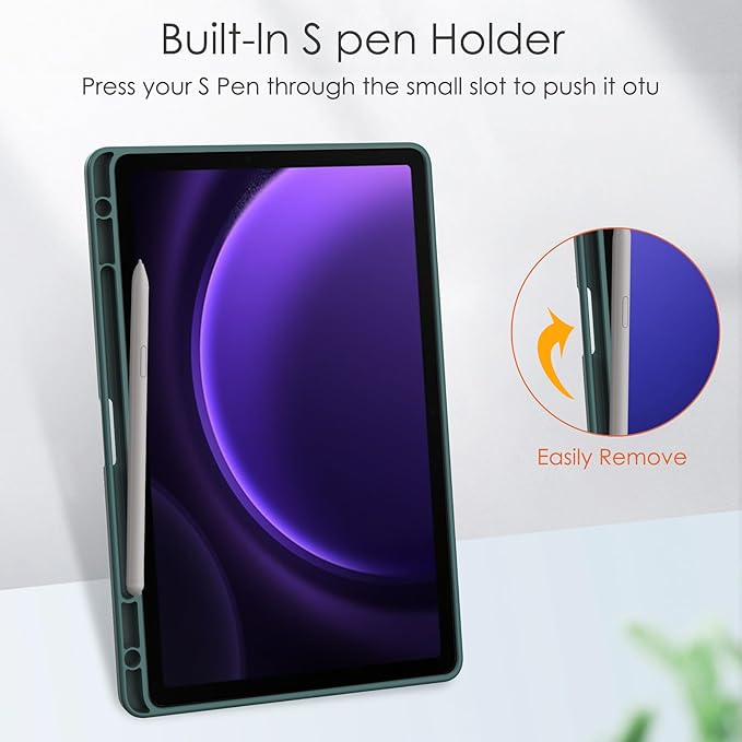 for Samsung Galaxy Tab S10 Lite/ S10 FE/ S9 FE 10.9 Inch Tri-Fold Smart Tablet Case with Pen Holder Shockproof Protective Cover W Transparent Back Shell Auto Wake/SleepGreen