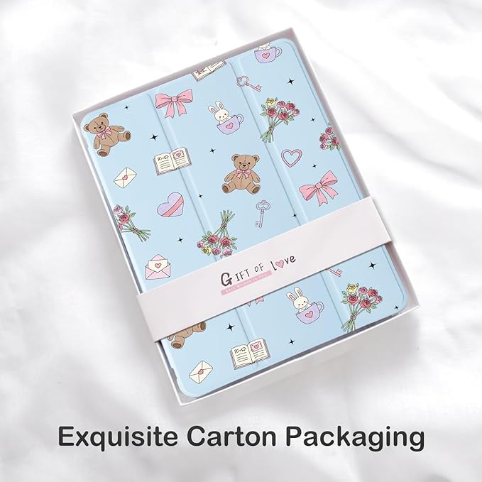 Cute Kawaii Bear Bunny Bow for iPad Pro 11 Inch Case 4th/3rd/2nd Generation 2022/2021/2020 with Pencil Holder Auto Sleep/Wake Blue Leather Soft TPU Back Cover