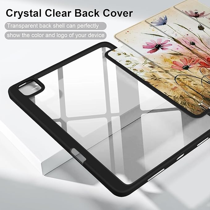 Batianda Case for New iPad Pro 11 inch 2025 M5 2024 M4 Chip [Built-in Pencil Holder] Trifold Stand Shockproof Cover with Clear Transparent Back Shell Soft TPU BumperAuto Sleep/Wake Daisy