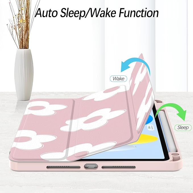 Case for iPad Air 13 Inch M3 2025/M2 2024 iPad Pro 12.9 inch 6th /5th /4th/ 3rd Generation (2022/2021/2020/2018) Case Cover with Pencil Holder/Clear Back Auto Sleep/Wake Pink White Flower