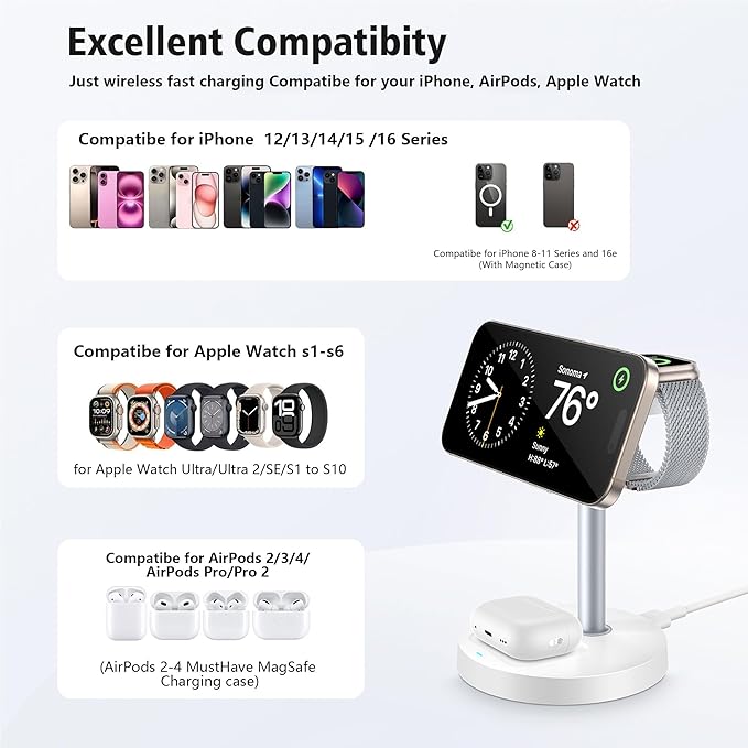3 in 1 Wireless Charging Station for Multiple Devices 15W Fast Magnetic Wireless Charger Stand with Adjustable Angle Compatible with iPhone12-16 Series Apple Watch AirPods - Gifts for Men &ampWom