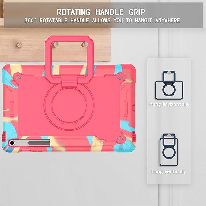 DETUOSI Case for Samsung Galaxy Tab S10 FE Plus 13.1 inch 2025 with Pencil Holder Heavy Duty Shockproof Case with Rotatable Stand &amp Shoulder Strap Camouflage Rose Red