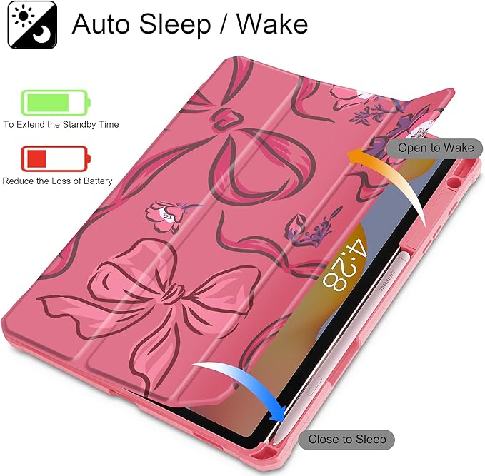 Mektron Case for Samsung Galaxy Tab S6 Lite 10.4 Inch 2024/2022/2020 with S Pen Holder Multi-Angle Viewing with Shockproof Cover Clear Shell + Trifold Stand + Auto Wake/Sleep Flowers-Bows-Red