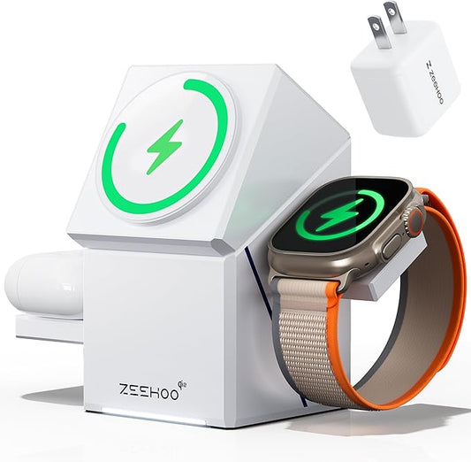 ZEEHOO 3 in 1 Charging Station for iPhone Charging Station for Apple MagSafe Charger Qi2 Certified 15W Fast Wireless Charger for Apple Watch for iPhone 171615141312 Series AirPods (White)
