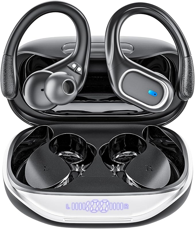 Wireless Earbuds Bluetooth 5.3 Headphones with 80H Playback IPX7 Waterproof Over Ear Buds with LED Power Display for Sports Running Workouts