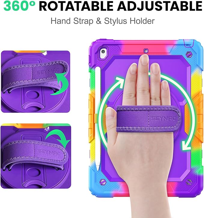 SEYMAC Kids Case for iPad 9th/8th/7th Generation 10.2 Inch with Screen Protector Rotatable Hand Strap/Stand Shoulder Strap Shockproof Heavy Duty Protective Case for iPad 10.2 Colorful Purple