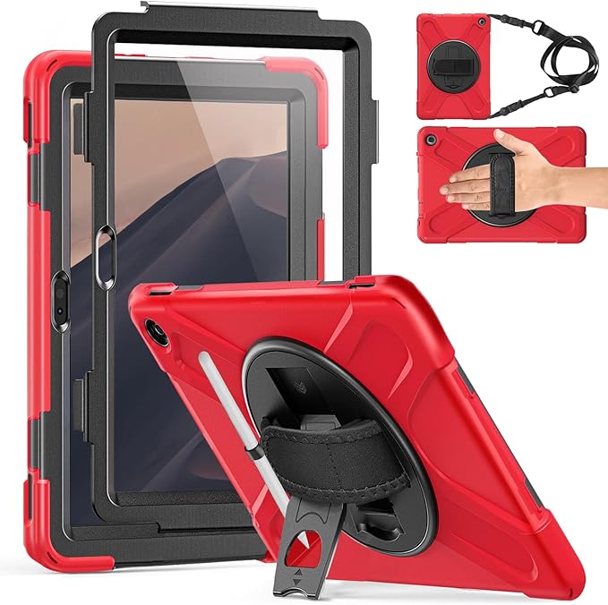 Weuiean Case for 10/10 Plus 13th Generation 10.1 2023 Military-Grade Heavy-Duty Shockproof Cover with 360° Rotating Stand Built-in Pencil Holder &amp Adjustable Hand/Shoulder Strap - Red