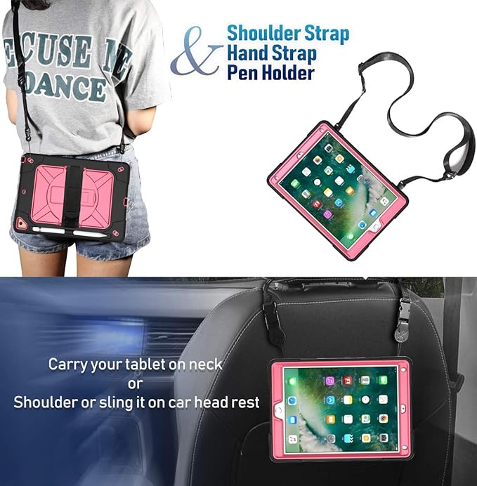 Jaorty for iPad air 2/iPad Pro 9.7 2016 case360 Rotable Handle Kickstand Layer Pencil Holder Shockproof with Strap Shoulder Case for iPad 6th/5th GenerationNew iPad 9.7 2017/2018Black+Rosered