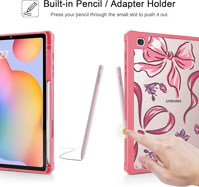 Mektron Case for Samsung Galaxy Tab S6 Lite 10.4 Inch 2024/2022/2020 with S Pen Holder Multi-Angle Viewing with Shockproof Cover Clear Shell + Trifold Stand + Auto Wake/Sleep Flowers-Bows-Red