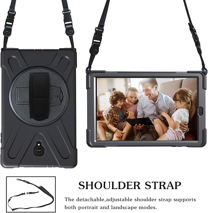 Rugged Case for Samsung Galaxy Tab A 10.5 2018 (SM-T590/T595/T597) Portable Hybrid Shock-Proof Cover with 360° Rotatable Hook&ampLoop HandleShoulder Strap (Black)
