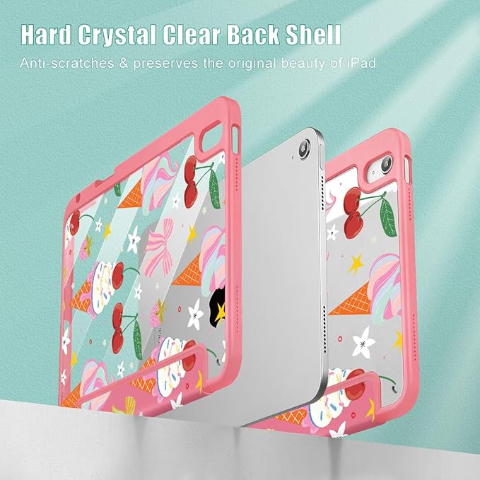 Case for iPad 11 inch A16 2025 Generation 11th / iPad 10.9 inch 2022 10th Gen Buit in Pencil Holder with Shockproof Cover Clear Transparent Back Shell Auto Wake/Sleep Ice Cream-Bows-Red