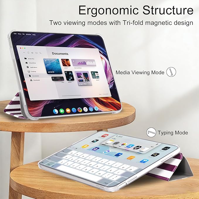 case for ipad 11th Generation11 Inch 2025 (A16 Chip) &amp 10th Gen 10.9 Inch 2022 - Slim Scratch-Resistant Hard PC Translucent Back Shell SmartCover Wake/Sleep Function Purple Stripes