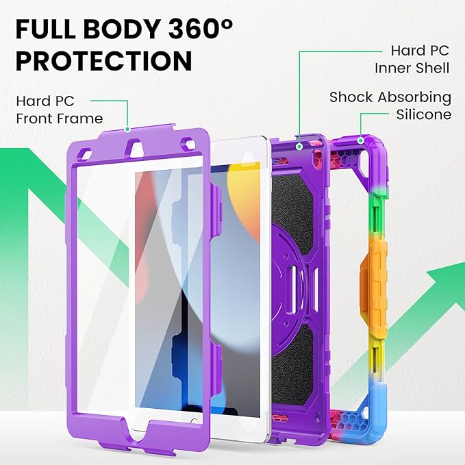 SEYMAC Kids Case for iPad 9th/8th/7th Generation 10.2 Inch with Screen Protector Rotatable Hand Strap/Stand Shoulder Strap Shockproof Heavy Duty Protective Case for iPad 10.2 Colorful Purple