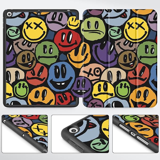 Mektron Designed Printed iPad 10.2 Case 9th Gen (2021)/ 8th Gen (2020)/ 7th Gen (2019) with Pencil Holder Slim Protective Case with Soft TPU Back Auto Wake/Sleep for iPad 10.2 Inch Smiling Face