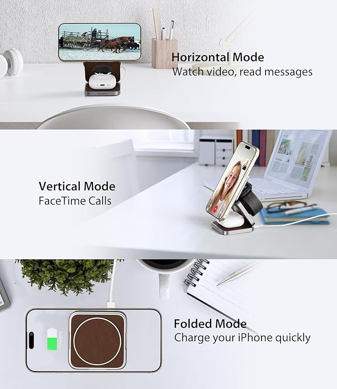 Foldable Magnetic Wireless Charger KU XIU Aluminum Alloy 3 in 1 Charging Station for Apple Fast Charging Travel Charger for iPhone 17 16 15 14 13 5W for Apple Watch Ultra AirPods Leather Texture