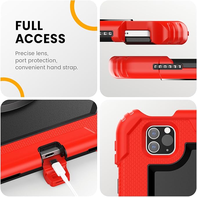 Timecity Case for iPad Pro 11 inch 4th/3rd/2nd/1st Generation 2022/2021/2020/2018 Heavy Duty Protective Case with Screen Protector Swivel Stand Hand/Shoulder StrapPencil Holder Case- Red