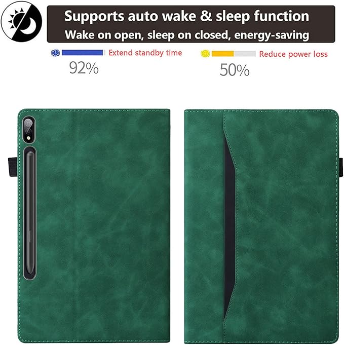 12.4 Inch Case for Samsung Galaxy Tab S8 Plus/S8+ 2022/S7 FE 2021/Tab S7 Plus/S7+ 2020 (SM-X800/T730/T970) with S Pen Holder Pocket &amp [Auto Wake/Sleep] Folding Stand PU Leather Cover Green