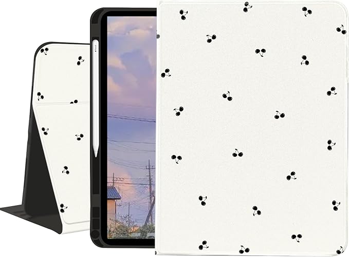 Cute Case for 11 iPad Pro(M4) 2024 5th GenCherry Textured Folio Case with Pencil Holder Multi-Angle View Adjustable Stand Auto Wake/Sleep for Women