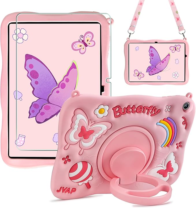 for Samsung Galaxy Tab A9 Plus Case Kids Girls with Screen Protector Kickstand Shoulder Strap Pink Butterfly Shockproof Cover for Samsung A9 Plus Tablet Cover 11 inch 2023