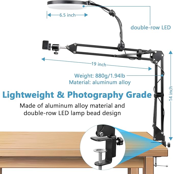 ChromLives Overhead Phone Mount with Ring Light Overhead Tripod Phone Holder Mount for Video Recording Flexible Articulating Arm Overhead Phone Stand Top Down Camera Mount with Light