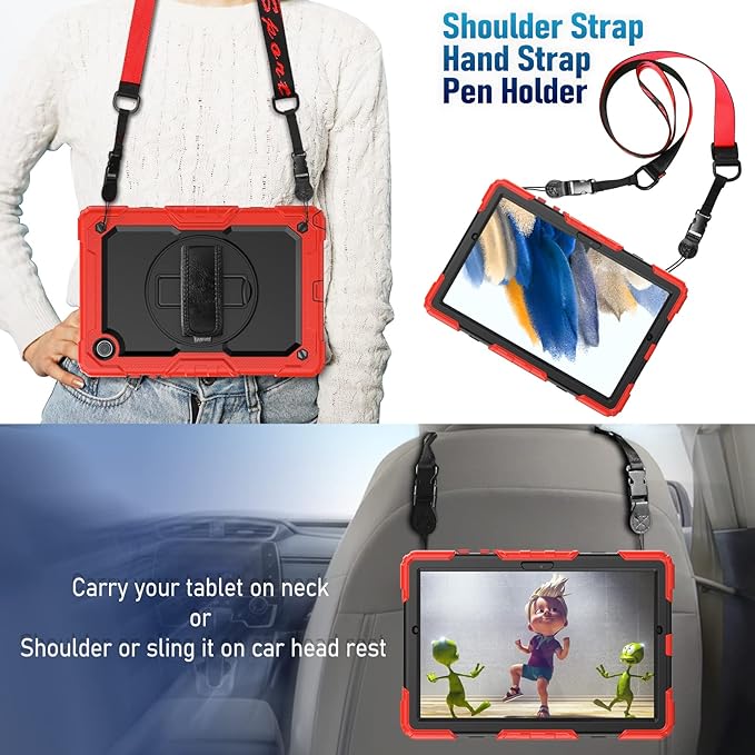 Timecity Case for Samsung Galaxy Tab A8 10.5 inch SM-X200/X205/X207 with 360 Degree Rotatable Kickstand Hand Strap Shoulder Strap for Samsung Galaxy Tab A8 Tablet 2022 Released Red