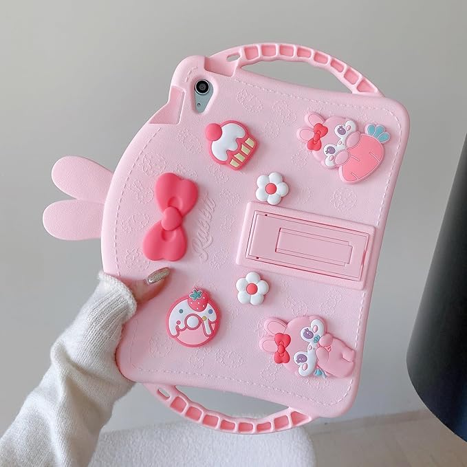 for iPad Air 5th/4th Generation Case (2022/2020) iPad pro 11 inch Case (4th/3rd/2nd/1st Gen) iPad Air 10.9 case with Adjustable Strap/Stand Cute Rabbit Cover for Kids Girls (Pink)