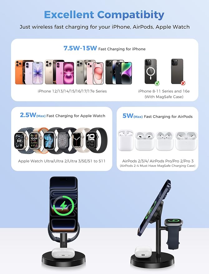 2026 3 in 1 Wireless Charging Station Compatible with MagSafe Charger Stand 15W Fast Magnetic Mag-Safe Charger for iPhone 17 16 15 14 13 12 Series Apple iWatch AirPods Pro 4 3 2 Black
