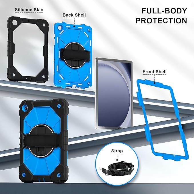 Case for Samsung Galaxy Tab A9 Plus(X210/X216/X218)/A11+ 11 Inch 2025 (X230/X236B) Heavy Duty Shockproof Rugged 360 Rotating Hand Strap Protective Tablet Case for Tab A11 Plus Black+Blue