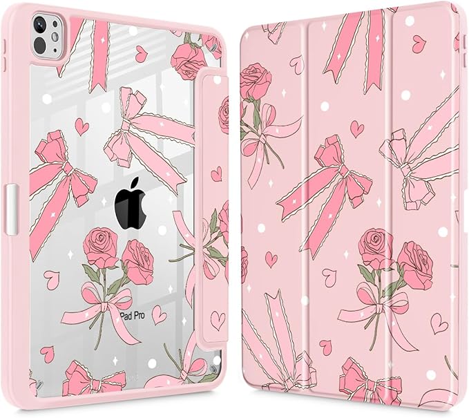 Tuiklol for iPad Pro 11 Inch (M5 2025 / M4 2024) Case Buit-in Pencil Holder with Slim Clear Back Cover Protection Trifold Stand-Auto Wake/Sleep Tablet Case Black Flower Bow &amp Rose