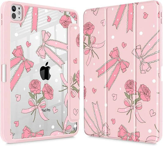 Tuiklol for iPad Pro 11 Inch (M5 2025 / M4 2024) Case Buit-in Pencil Holder with Slim Clear Back Cover Protection Trifold Stand-Auto Wake/Sleep Tablet Case Black Flower Bow &amp Rose