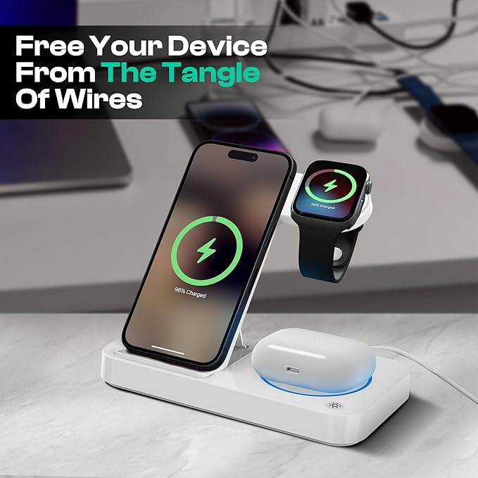 4 in 1 Wireless Charging Station for iPhone Apple Watch &amp AirPods - Wireless Charger for iPhone Series 16/15/14/13/12 - Apple iWatch Series 7/9/8 with Extra USB Port &amp Foldable Design – White