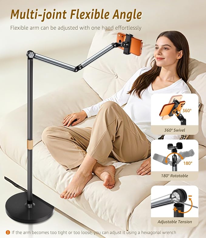 Phone Floor Stand Cell Phone Stand with Flexible Arm for Bed 69 Height Adjustable iPhone Stand Stable Overhead Tripod with 360°Rotatable Phone Holder &amp Remote for Recording Sofa Desk