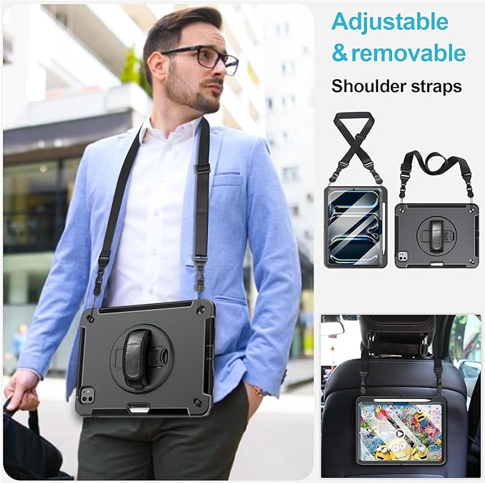 Case for iPad Pro 13 Inch M5 2025/ M4 2024: Military Grade Cover for iPad Pro 13 with Screen Protector - Stand - Handle - Shoulder Strap - Pencil Holder- Black