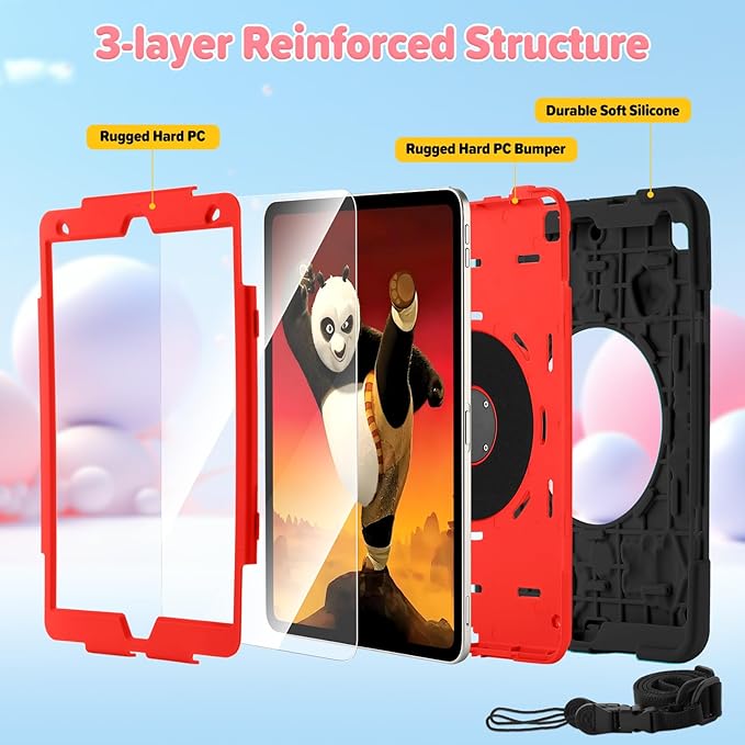 Case for iPad 9th/8th/7th GenerationCute 3D Cool Panda Warrior Design Cover with Screen Protector Rugged Protective Cartoon Case with Stand/Strap/Pen Slot for iPad 10.2 Kids Teens (Black+Red)