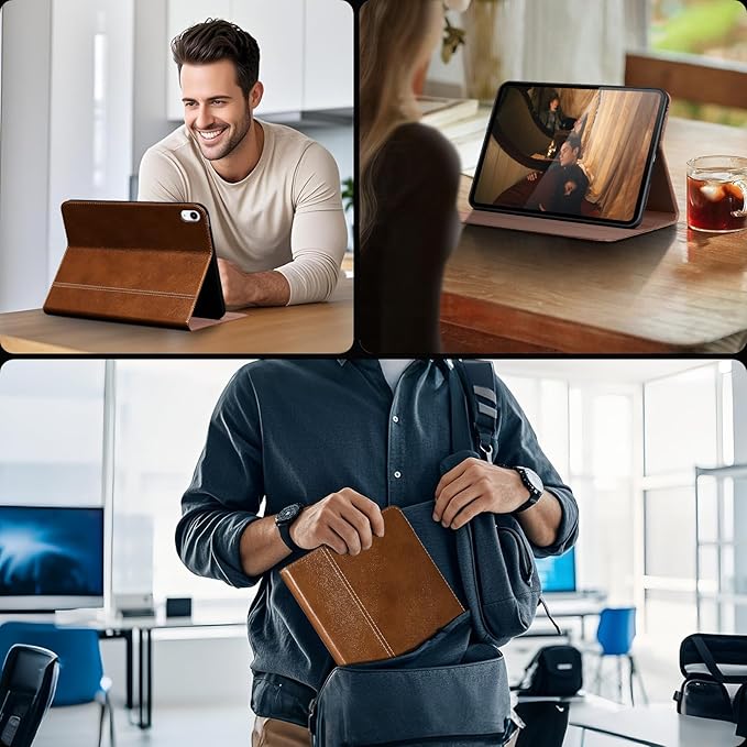 Gexmil Leather Case for iPad (A16) 11th Generation 11 Inch 2025 iPad 10th Generation 10.9 Inch 2022Protective Top Grain Leather Cover Support Auto Sleep/WakeAnti SlipYellow Brown