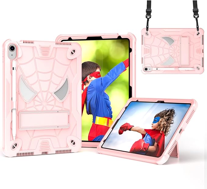 Dteck for iPad A16 Kids Case BoysCute Cartoon Spider Child Friendly Hard Kickstand Cover with Pencil Holder Shoulder Strap Shockproof Rugged Protective 10.9 10 Gen Cool CaseRosegold