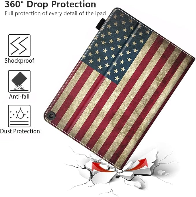 Case for All-New Amazon Kindle Fire HD 8/Fire HD 8 Plus Tablet (12th/10th Generation 2022/2020 Release) - Premium PU Leather Cover with Auto Sleep Wake Vintage USA American Flag