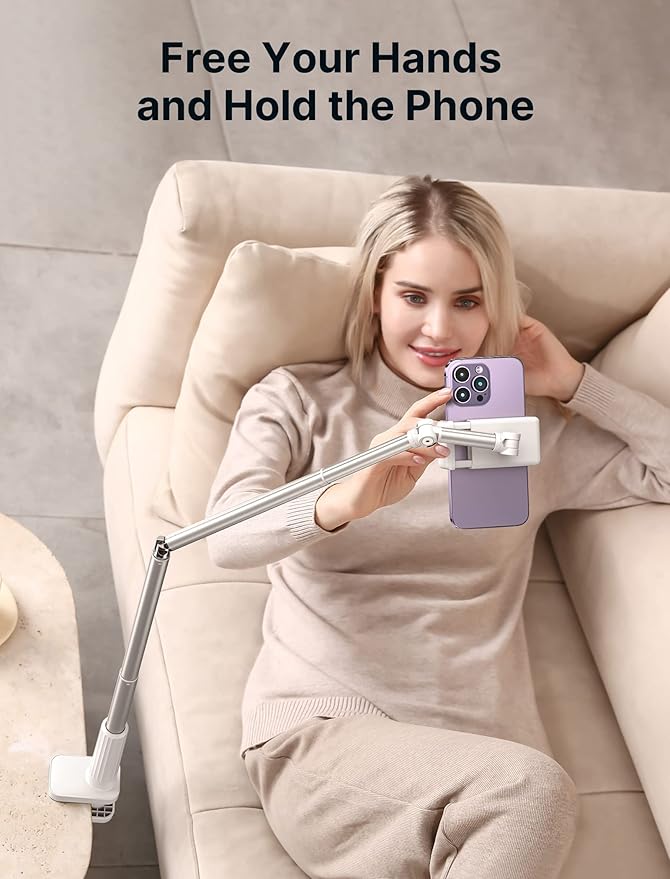 JSAUX Phone Holder for Desk and Bed Compatible with iPhone 16 15 14 13 12 Overhead Phone Mount Gooseneck Phone Stand Flexible 360 Lazy Long Arm Clamp Clip for Table Bedside [1-Pack White]