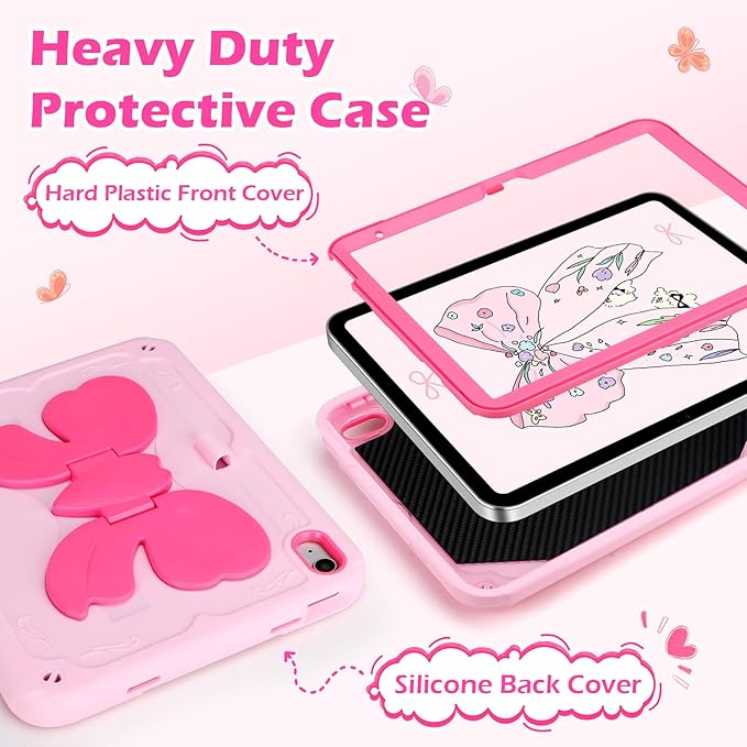 VOFUOE for iPad A16 Case 11th Generation 2025 11 Inch for iPad 10th Generation Case 2022 10.9 Inch for Kids Girls with Sweet Bow Stand Shoulder Strap Pencil Holder Hard Cover-Pink &ampHot Pink Bow