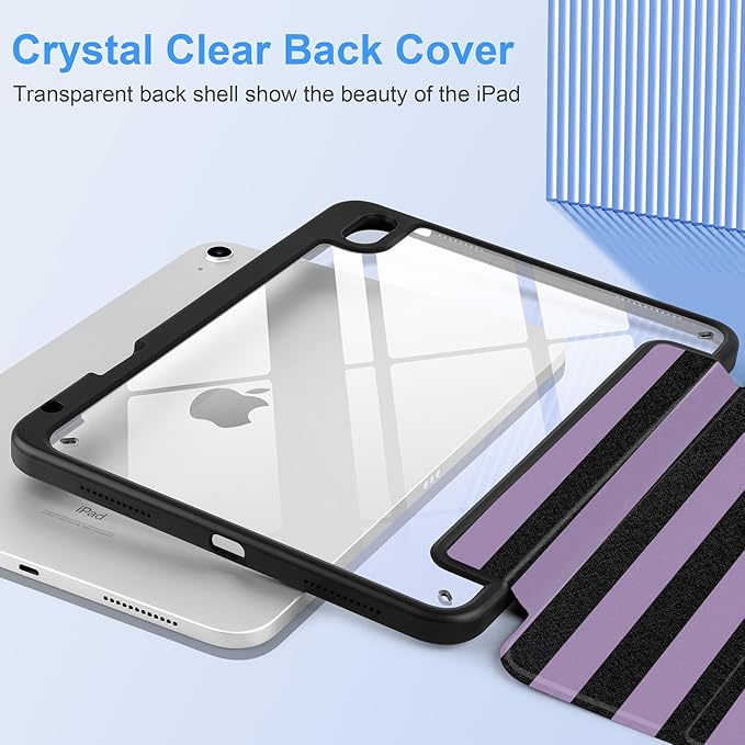 DONGKE Case for iPad (A16) 11th Generation 11 inch 2025 &amp iPad 10th Gen 10.9 inch 2022 [Built-in Pencil Holder] Clear Acrylic Back Trifold Stand Smart Cover Auto Sleep/Wake Purple Stripes
