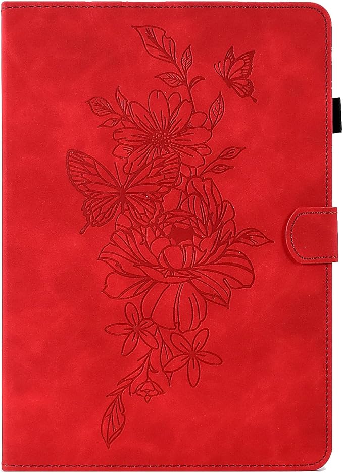 Folio Case for Amazon Kindle Fire HD 8/Fire HD 8 Plus (12th/10th Generation 2024/2022/2020) 8 with Stand/Pencil Holder [Auto Sleep/Wake] Embossed PU Leather Smart Cover Red Butterfly Flower