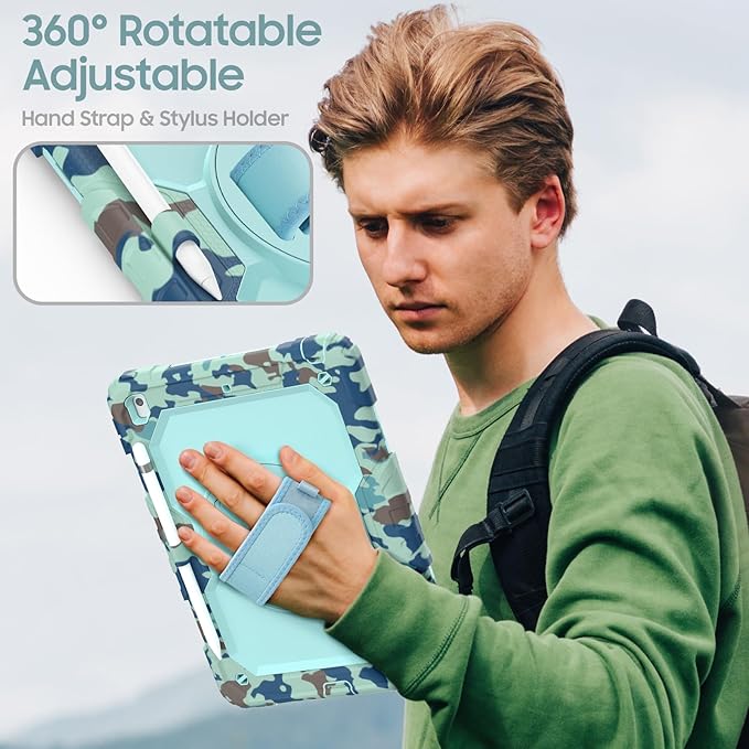 Case for iPad 9th/ 8th/ 7th Generation 10.2'' Shockproof 360° Rotating Hand Strap &amp Kickstand Protective Cover with Screen Pencil Holder for iPad 10.2 inch 2021-2019 Camo Blue