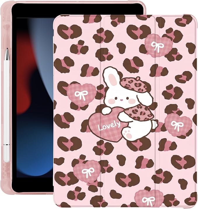 Cute Leopard Print Bunny for iPad Pro 11 Inch Case (M5/M4) 2025/2024 with Pencil Holder Auto Sleep/Wake Pink Leather Soft TPU Back Cover