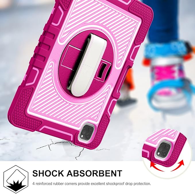 Shockproof Case for iPad Pro 11-inch 4th/3rd/2nd Generation with Shoulder Strap Techcircle Heavy Duty Rotating Kickstand Hand Strap Rugged Defender Protective Case with Pencil Holder Rose+Pink