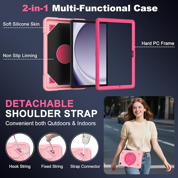DreamerX for Samsung Galaxy Tab A11 Plus 2025 / A9 Plus 11 Inch 2023 Case Cute Silicone Shockproof Heavy Duty Kids Cover with Screen Protector Rotating Stand Handle Shoulder Strap for A11+/A9+ Pink